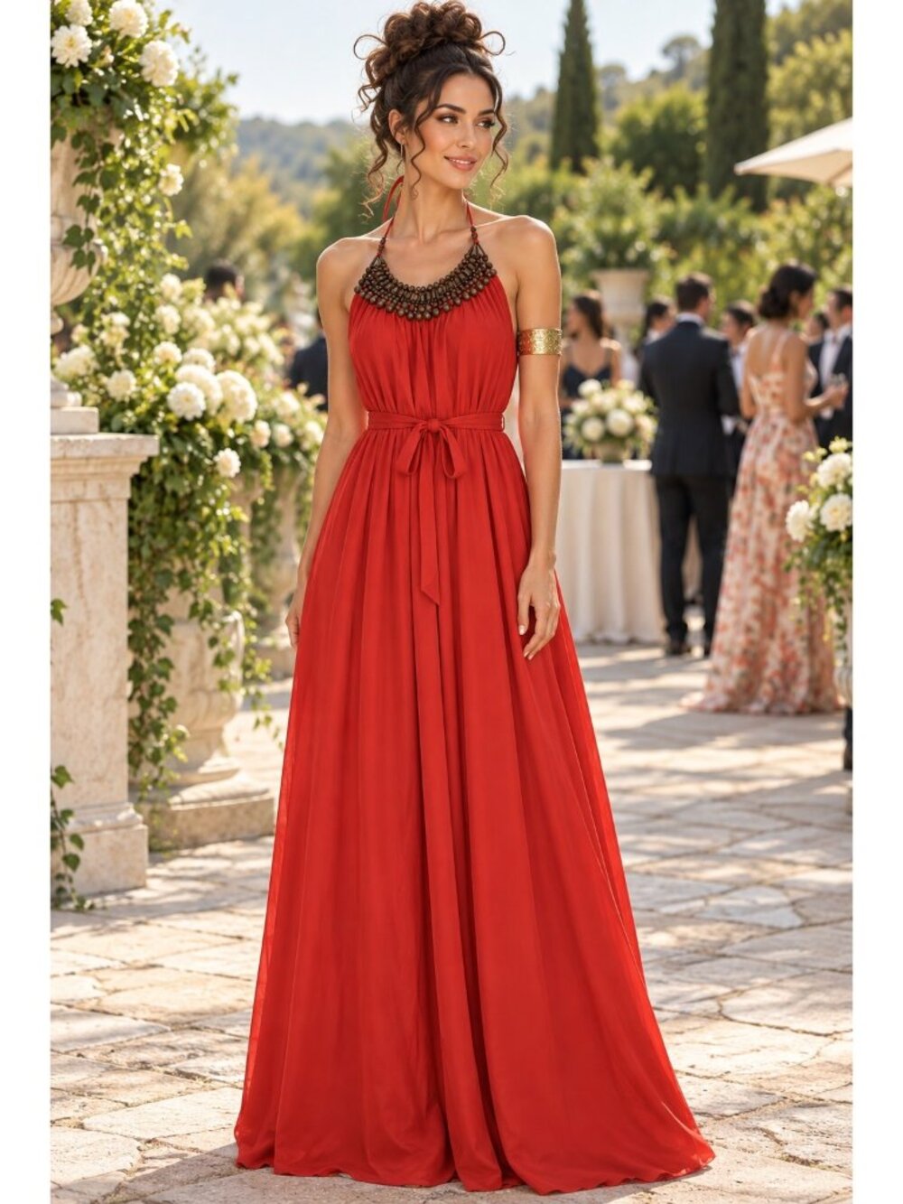 Vince Camuto Red Beaded Halter Maxi Dress Size 8 NWT Open Back